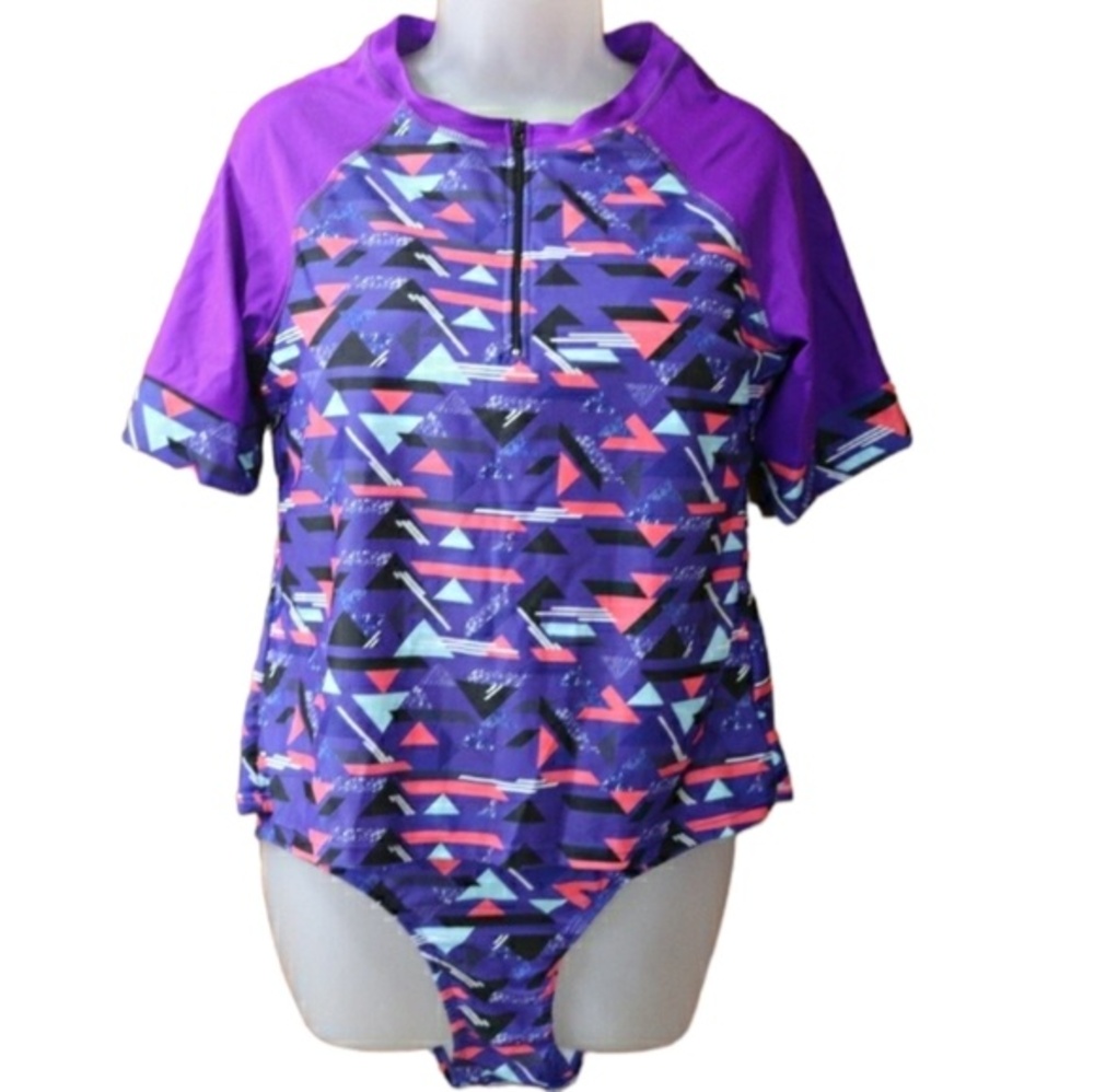 Unbranded XXL Purple Geometric Rash Guard Swimsuit 2-Piece Set